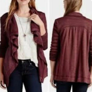 Lucky Brand Drapey Open Front Mixed Media Cardigan Burgundy XL